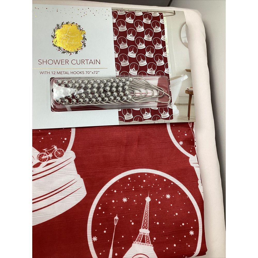 Brand New Le Chateau Red With White Snow Globe Shower Curtain With Hooks